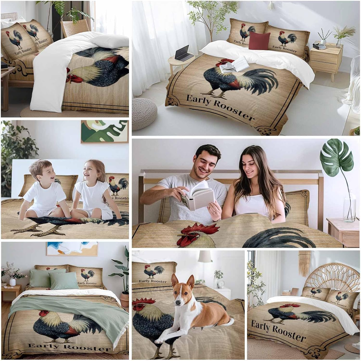 Prime Leader Farmhouse Duvet Cover Set Queen Size 4 Pieces Early Rooster Animals Wood Grain Retro Border Bedding Set with Zipper Closure, 1 Comforter Cover 86x86 Inches 1 Flat Sheet & 2 Pillow Cases