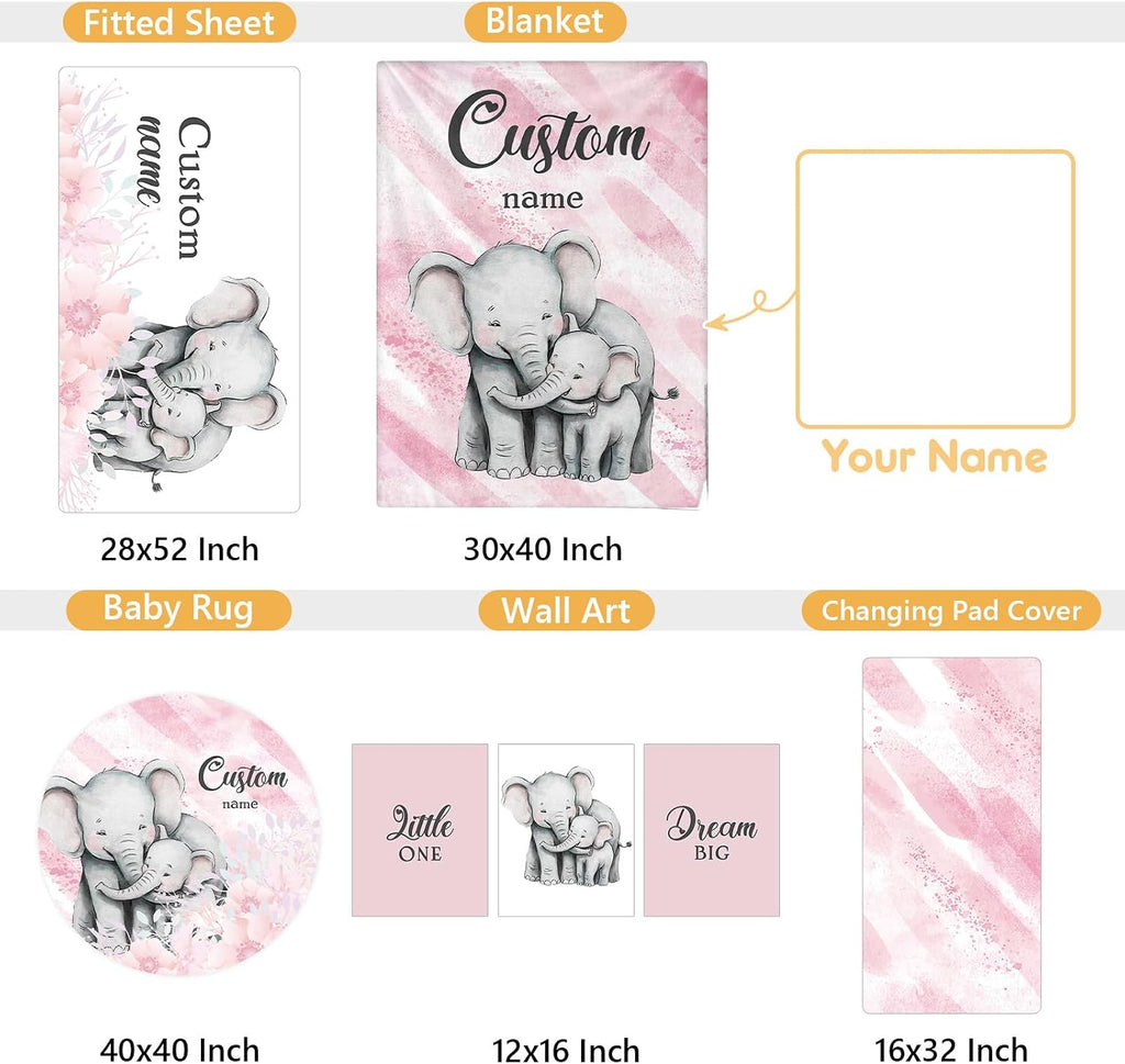 Terwex Personalized Baby Bedding Set, 5 Pcs Custom Baby Crib Sets with Name, Toddler Bedding Set for Baby Girls, Pink Elephants Double Layer Nursery Bedding Set, Customized Gifts for Infants Kids