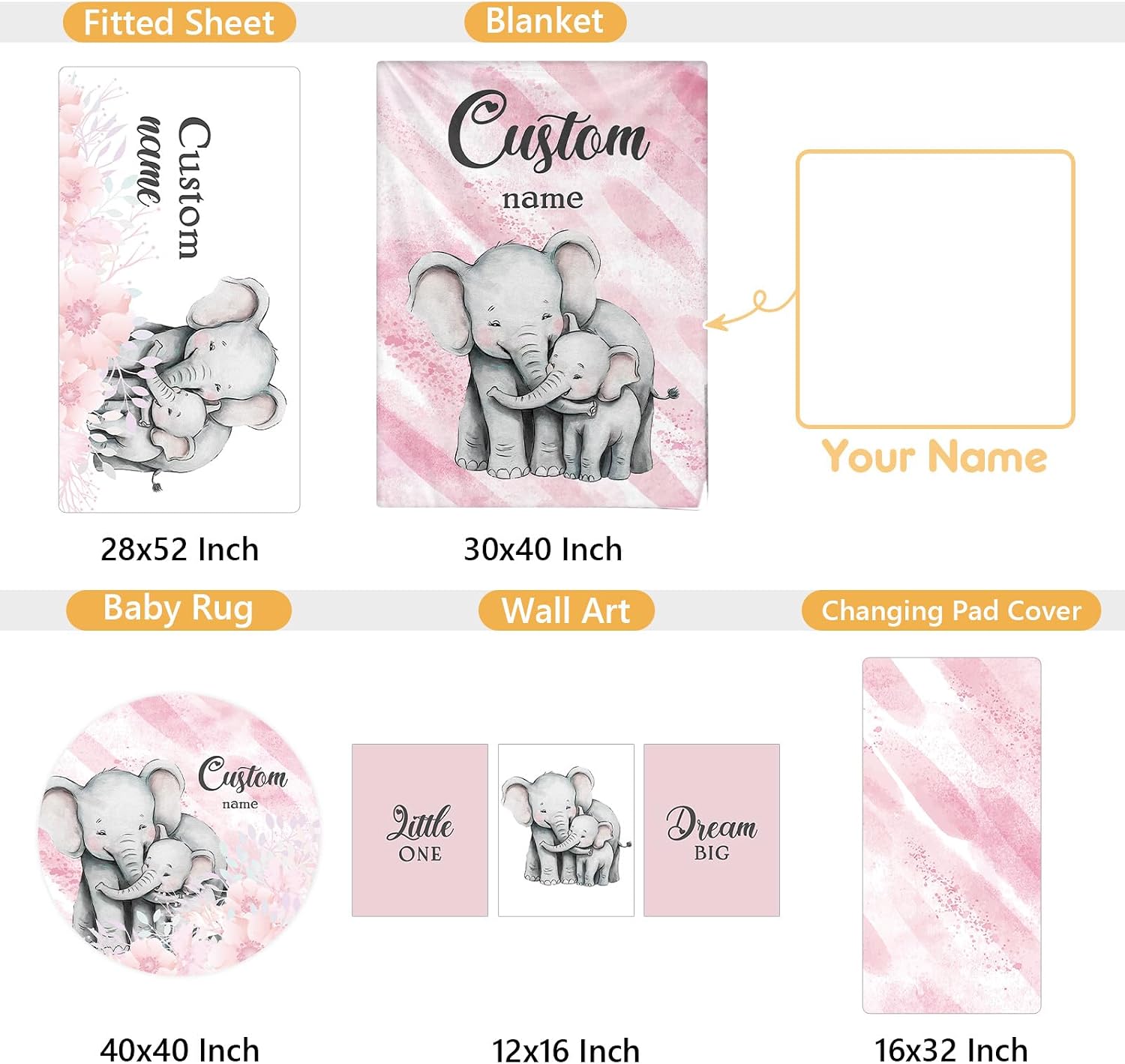 Terwex Personalized Baby Bedding Set, 5 Pcs Custom Baby Crib Sets with Name, Toddler Bedding Set for Baby Girls, Pink Elephants Double Layer Nursery Bedding Set, Customized Gifts for Infants Kids