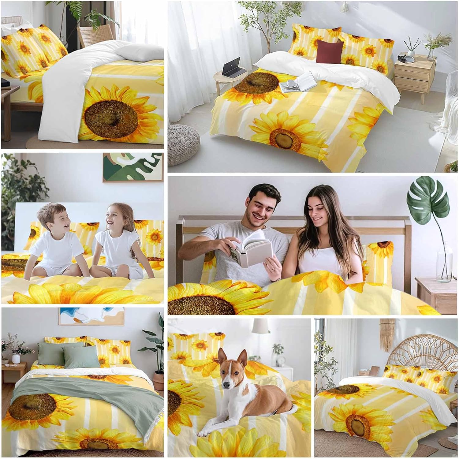 Prime Leader Sunflower Duvet Cover Set Queen Size 4 Pieces Yellow Floral Yellow Watercolor Strip Summer Bedding Set with Zipper Closure, 1 Comforter Cover 92x106 Inches 1 Flat Sheet & 2 Pillow Cases