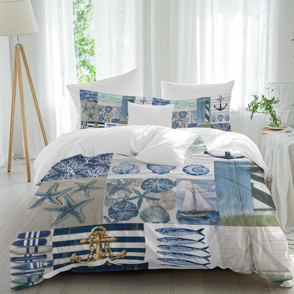 Summer Nautical Duvet Cover Set Queen Size 4 Pieces Blue Starfish Shells Anchor Boat Patchwork Bedding Set with Zipper Closure, 1 Comforter Cover 90x92 Inches 1 Flat Sheet & 2 Pillow Cases