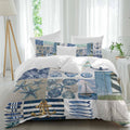 Summer Nautical Duvet Cover Set Queen Size 4 Pieces Blue Starfish Shells Anchor Boat Patchwork Bedding Set with Zipper Closure, 1 Comforter Cover 90x92 Inches 1 Flat Sheet & 2 Pillow Cases