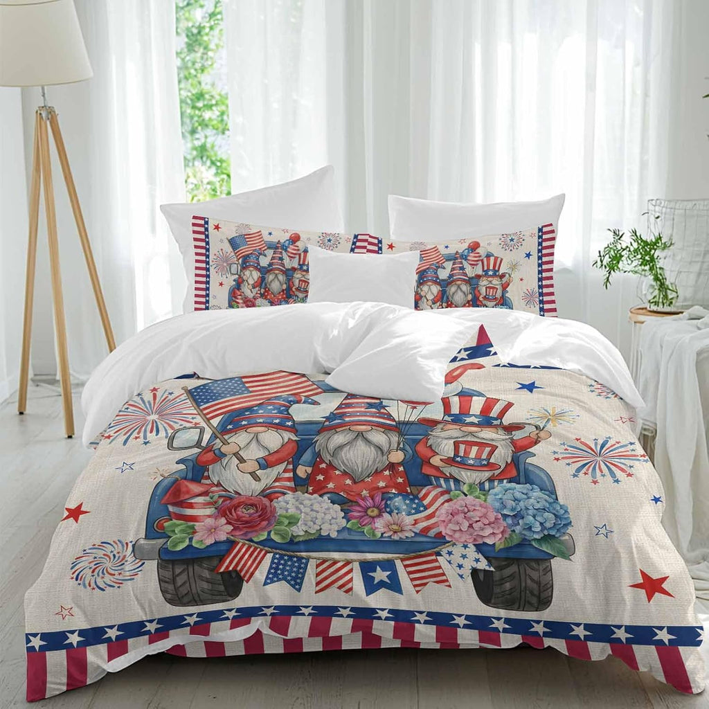 250th US Anniversary Duvet Cover Set Queen Size 4 Pieces Independence Day Gnomes Blue Truck Retro Bedding Set with Zipper Closure, 1 Comforter Cover 90x92 Inches 1 Flat Sheet & 2 Pillow Cases