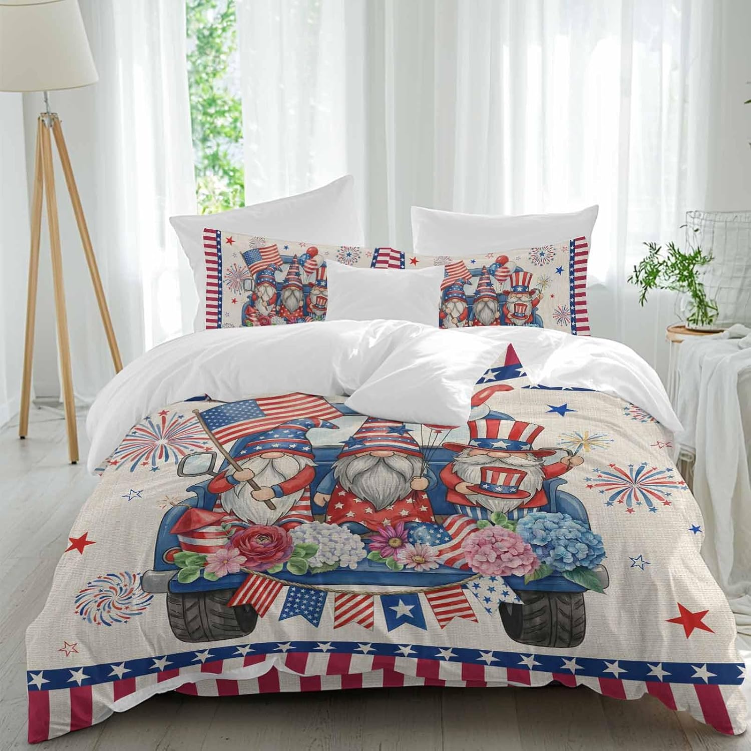 250th US Anniversary Duvet Cover Set Queen Size 4 Pieces Independence Day Gnomes Blue Truck Retro Bedding Set with Zipper Closure, 1 Comforter Cover 90x92 Inches 1 Flat Sheet & 2 Pillow Cases