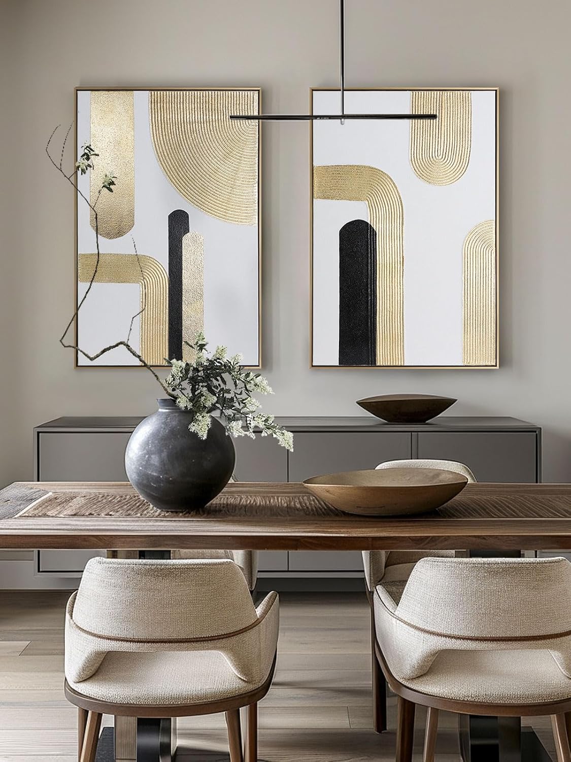 Black Gold Abstract Wall Art - Hand-Painted Geometric Line Spiral Duo Abstract Shapes Canvas Artwork Decor, Set of 2, 24 x 36 Inches, Framed Wall Art