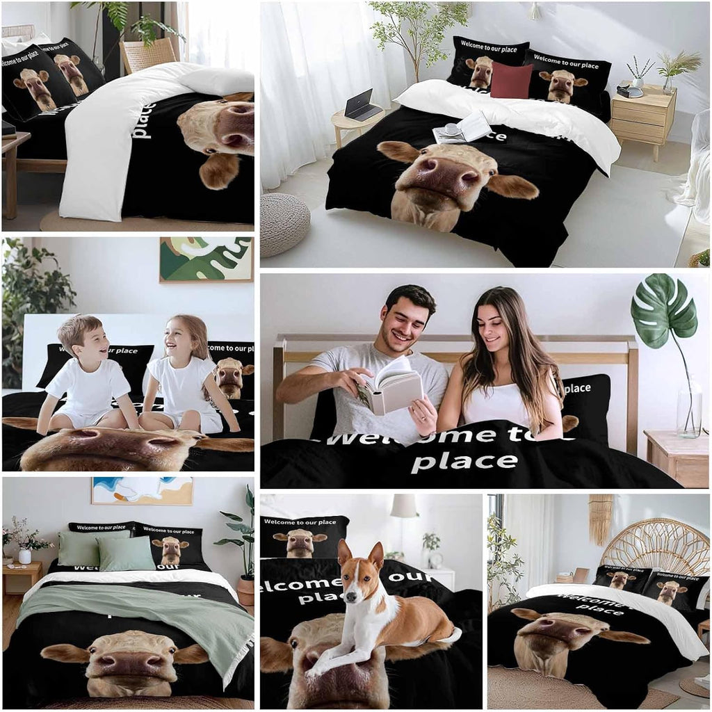 Prime Leader Funny Cow Duvet Cover Set Queen Size 4 Pieces Welcome to Our Place Abstract Animal Bedding Set with Zipper Closure, 1 Comforter Cover 92x106 Inches 1 Flat Sheet & 2 Pillow Cases