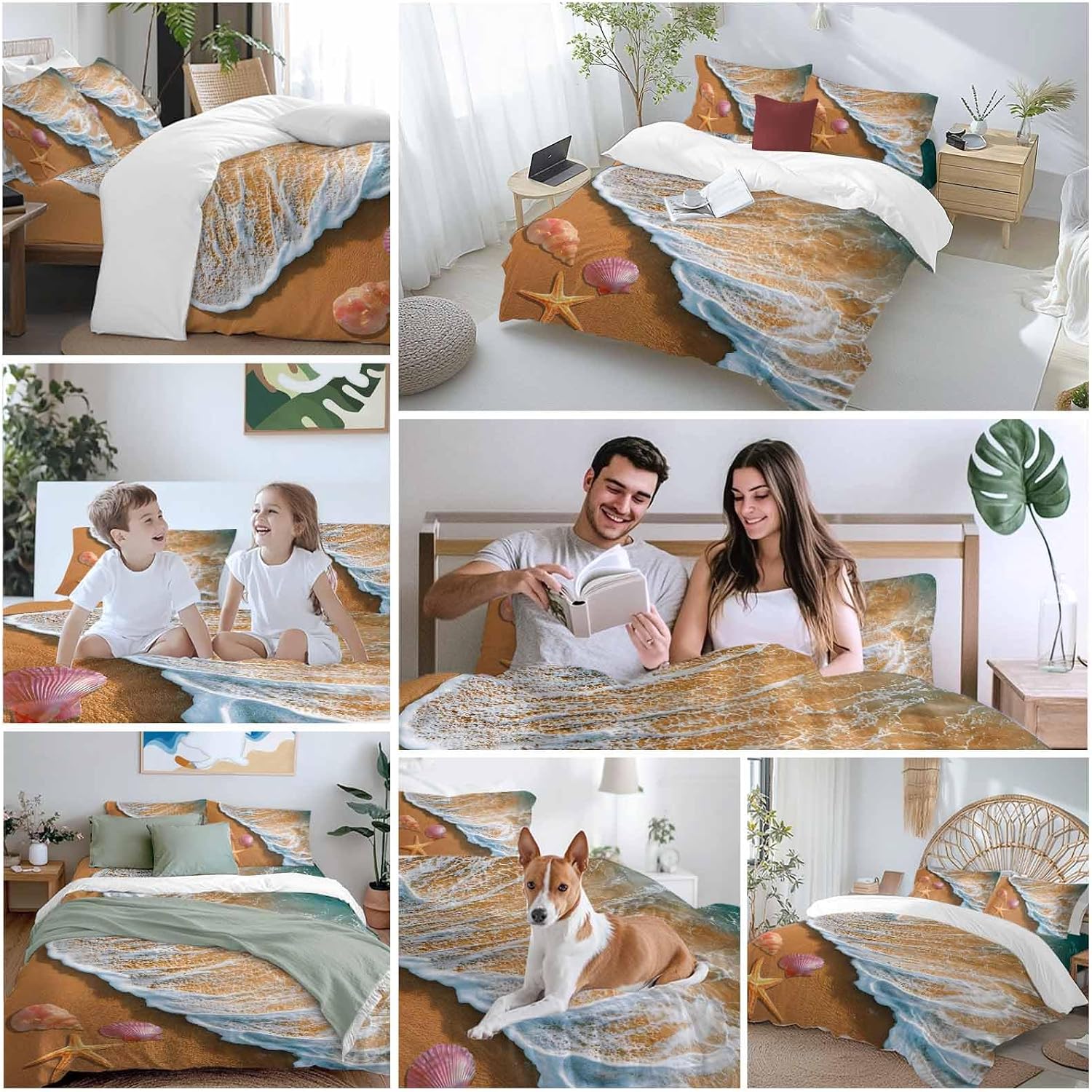 Prime Leader Summer Beach Duvet Cover Set Queen Size 4 Pieces Ocean Waves Conch Starfish Shell Coastal Bedding Set with Zipper Closure, 1 Comforter Cover 90x92 Inches 1 Flat Sheet & 2 Pillow Cases