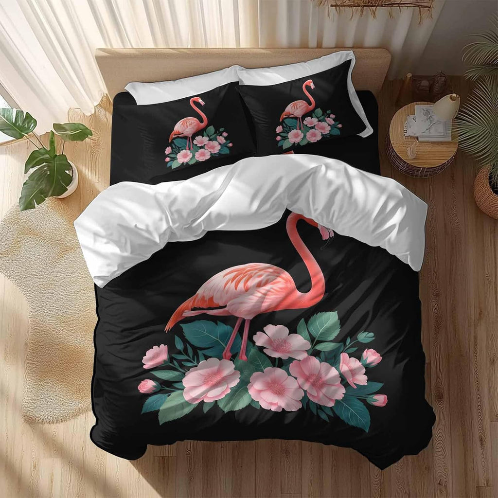 Prime Leader Flamingo Duvet Cover Set Queen Size 4 Pieces Pink Flower Leafs Plants Watercolors Black Bedding Set with Zipper Closure, 1 Comforter Cover 92x106 Inches 1 Flat Sheet & 2 Pillow Cases