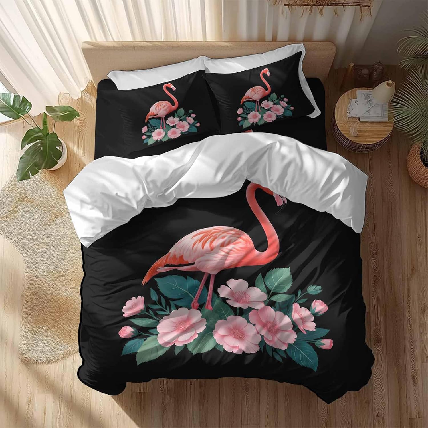 Prime Leader Flamingo Duvet Cover Set Queen Size 4 Pieces Pink Flower Leafs Plants Watercolors Black Bedding Set with Zipper Closure, 1 Comforter Cover 92x106 Inches 1 Flat Sheet & 2 Pillow Cases