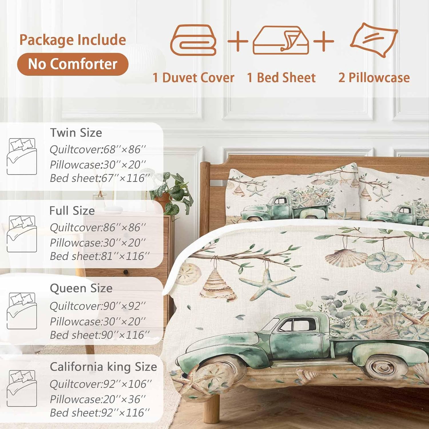 Prime Leader Sage Green Truck Duvet Cover Set Queen Size 4 Pieces Ocean Starfish Shell Summer Leaf Wood Bedding Set with Zipper Closure, 1 Comforter Cover 90x92 Inches 1 Flat Sheet & 2 Pillow Cases