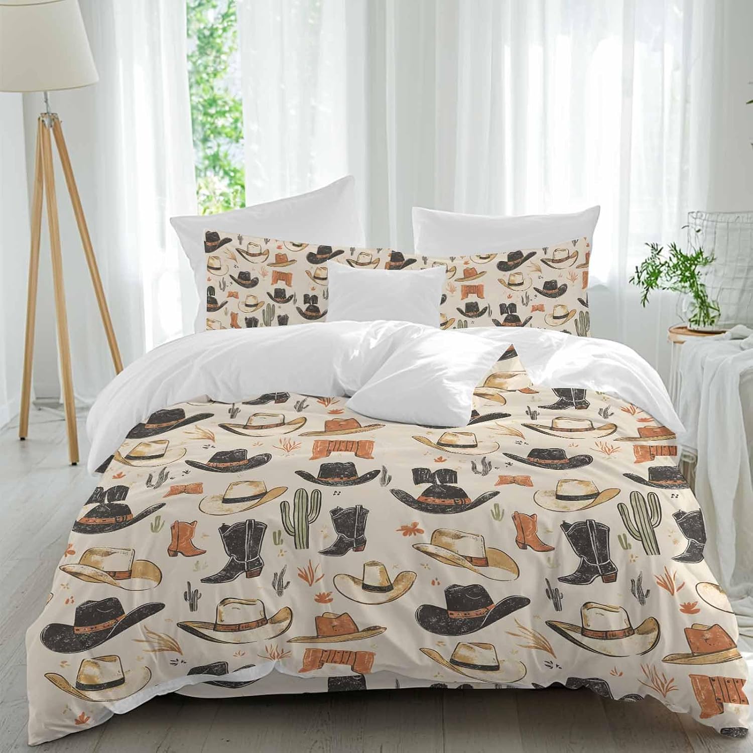 Prime Leader Western Cowboy Duvet Cover Set Queen Size 4 Pieces Boots Hat Vintage Desert Cactus Bedding Set with Zipper Closure, 1 Comforter Cover 90x92 Inches 1 Flat Sheet & 2 Pillow Cases