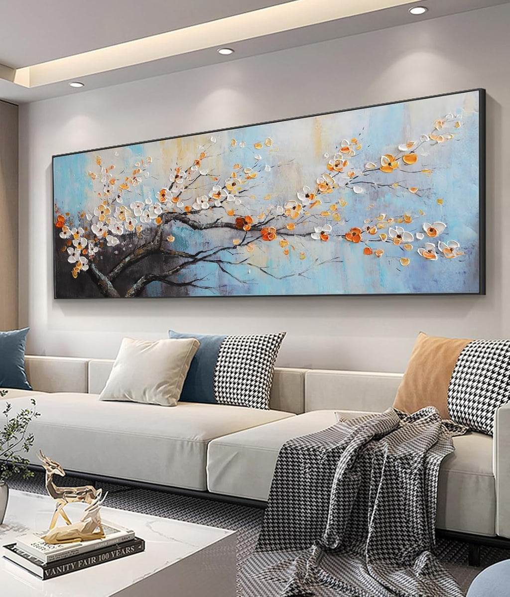 Hand-Painted Plum Blossom Wall Art for Living Room, Large 3D Texture Floral Canvas Oil Painting for Bedroom, Modern Black Framed Artwork for Above Sofa Office Kitchen Ready to Hang 24x56 Inches