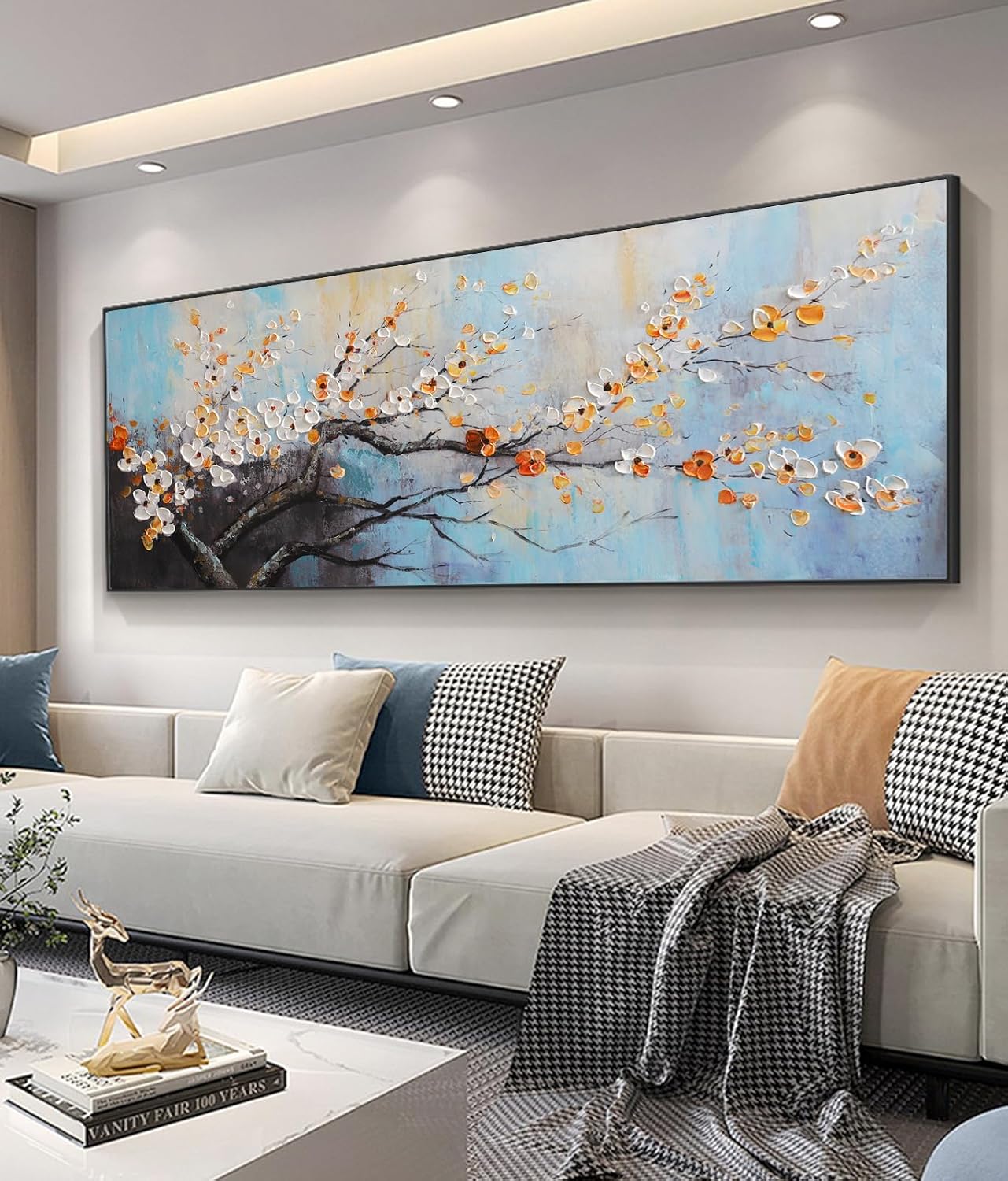 Hand-Painted Plum Blossom Wall Art for Living Room, Large 3D Texture Floral Canvas Oil Painting for Bedroom, Modern Black Framed Artwork for Above Sofa Office Kitchen Ready to Hang 24x56 Inches