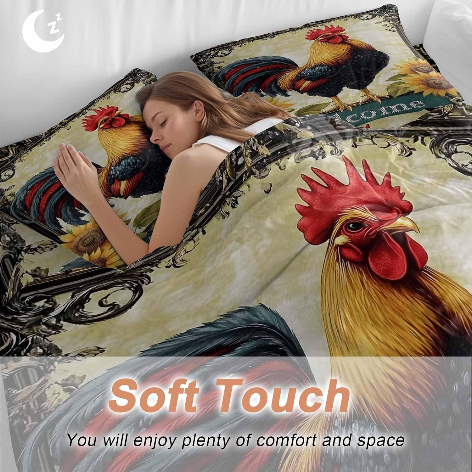 Rooster Chicken Duvet Cover Set Queen Size 4 Pieces Welcome Sunflower Watercolor Art Vintage Farm Bedding Set with Zipper Closure, 1 Comforter Cover 92x106 Inches 1 Flat Sheet & 2 Pillow Cases