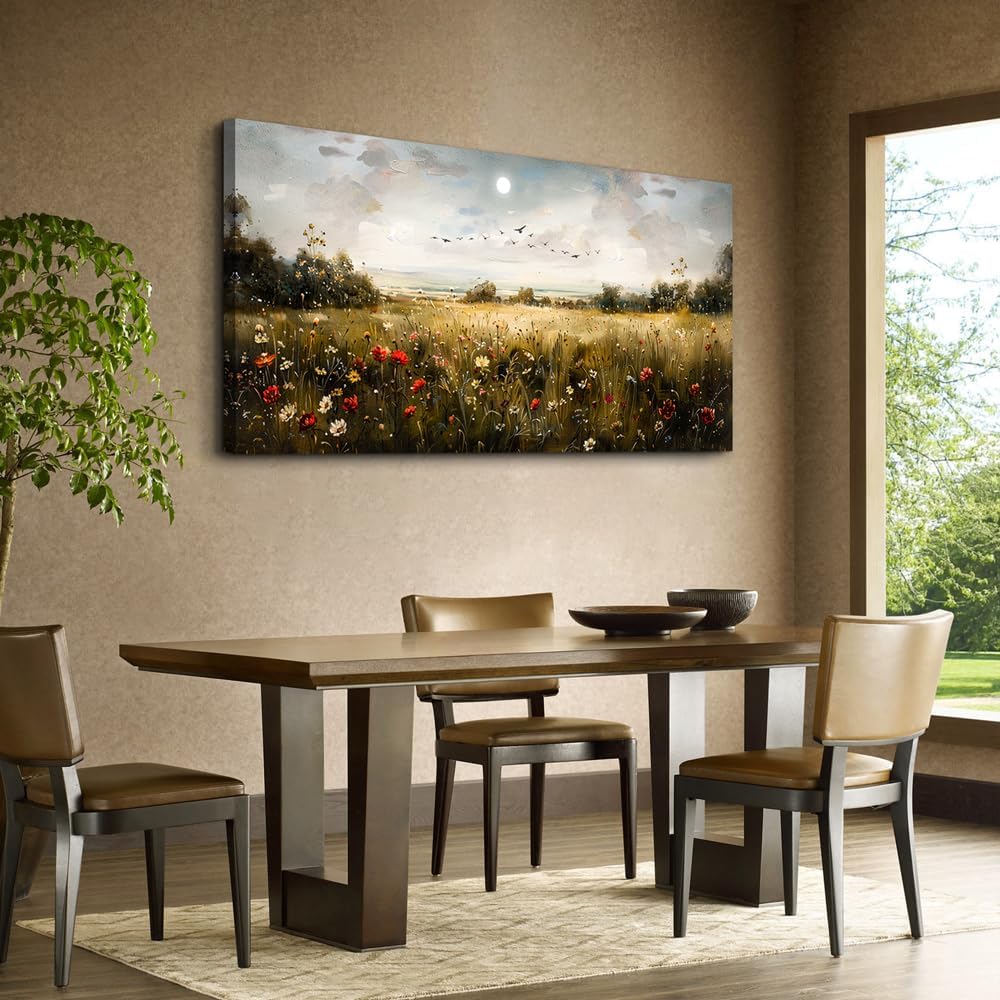 Wapluam Large Canvas Wall Art Living Room Wall Decor for Bedroom Wildflower Field Vintage Wall Art Canvas Prints Paintings Farmhouse Artworks Pictures Modern Aesthetic Home Decoration Ready To Hang