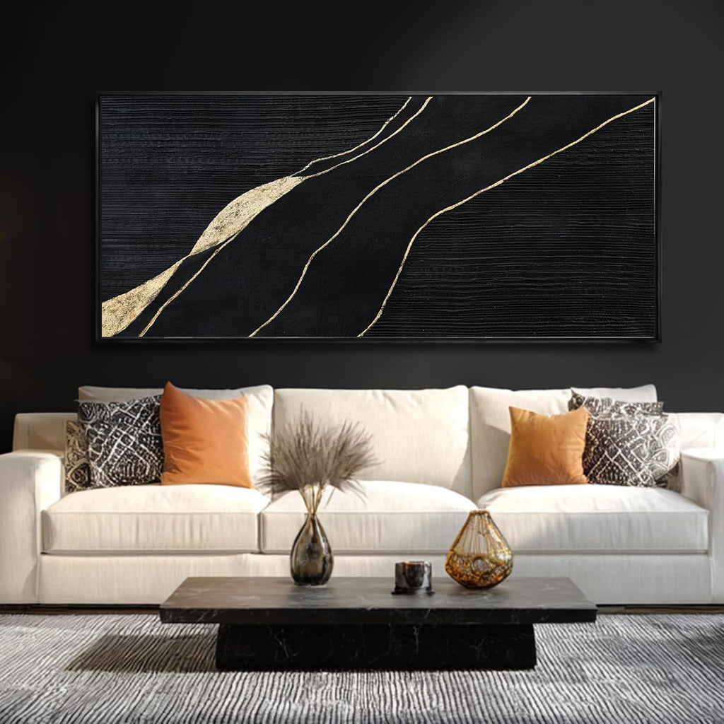 Green Hand-painted Abstract Canvas Wall Art, 32x70 Inch Black Framed Horizontal Artwork with Layered Green Tones for Living Room Decor