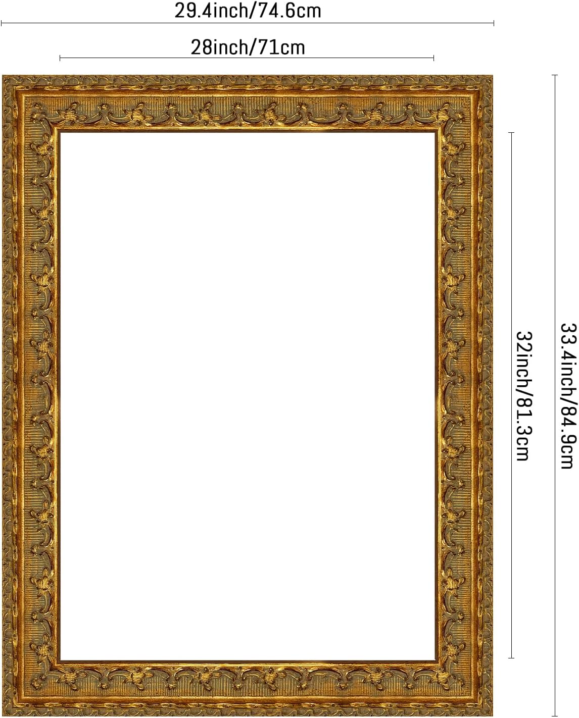 Antique Gold Solid Wood 28x32 Picture Frame - Hand Carved Distressed Finish with Gorgeous Floral Pattern, Wide Ribbon Gallery Frame for Canvas Paintings - Wall Decor for Living Room, Bedroom (Only Frame)