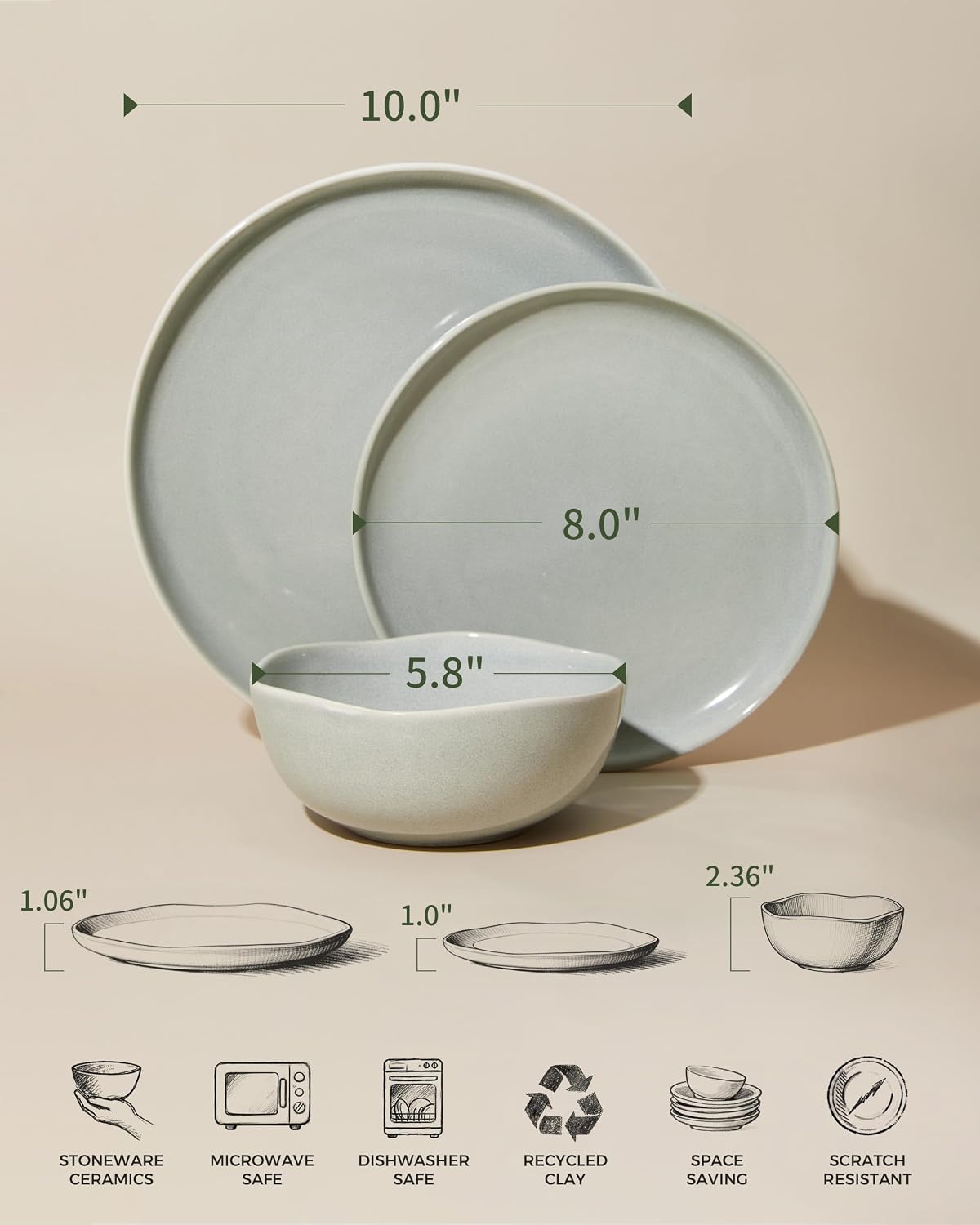 Pokini Dinnerware Sets for Family of 6, Ceramic Plates and Bowls Set, Kitchen Dish Set, Microwave & Dishwasher Safe Dishware, Highly Durable Reactive Glazed Dinner Set, Gray Green