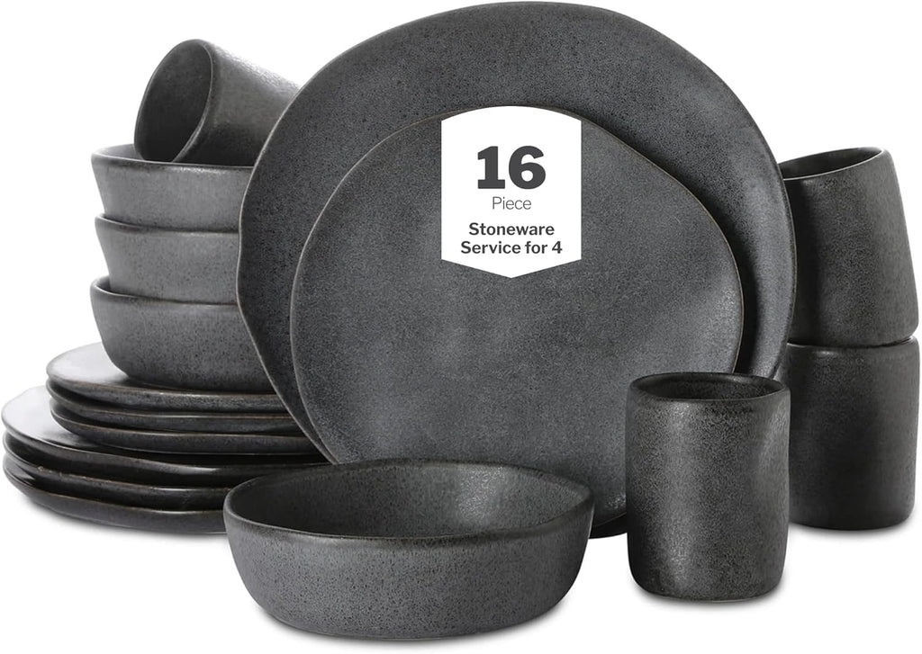 Stone by Mercer Project HEKONDA Modern Debossed Stoneware 16-Piece Dinnerware Set,Plate and Bowl Set, Dish Set for 4, Gray