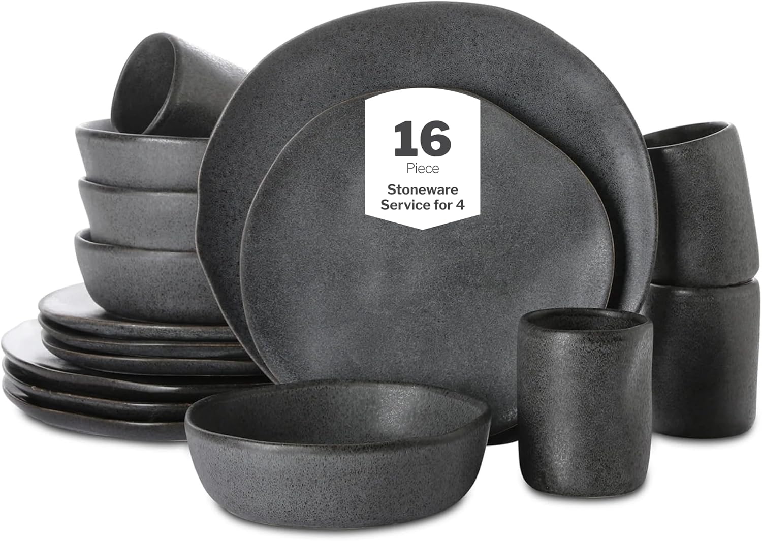 Stone by Mercer Project HEKONDA Modern Debossed Stoneware 16-Piece Dinnerware Set,Plate and Bowl Set, Dish Set for 4, Gray