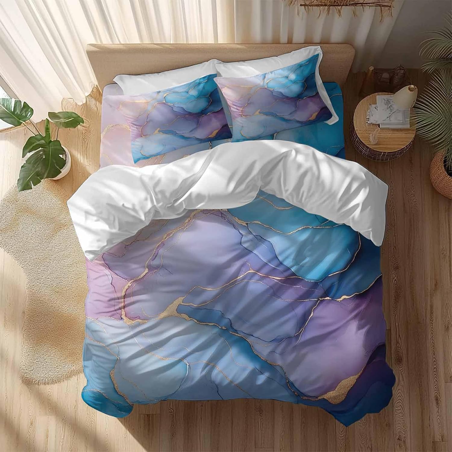 Prime Leader Abstract Impressionist Duvet Cover Set Queen Size 4 Pieces Blue Marble Texture Bedding Set with Zipper Closure, 1 Comforter Cover 90x92 Inches 1 Flat Sheet & 2 Pillow Cases
