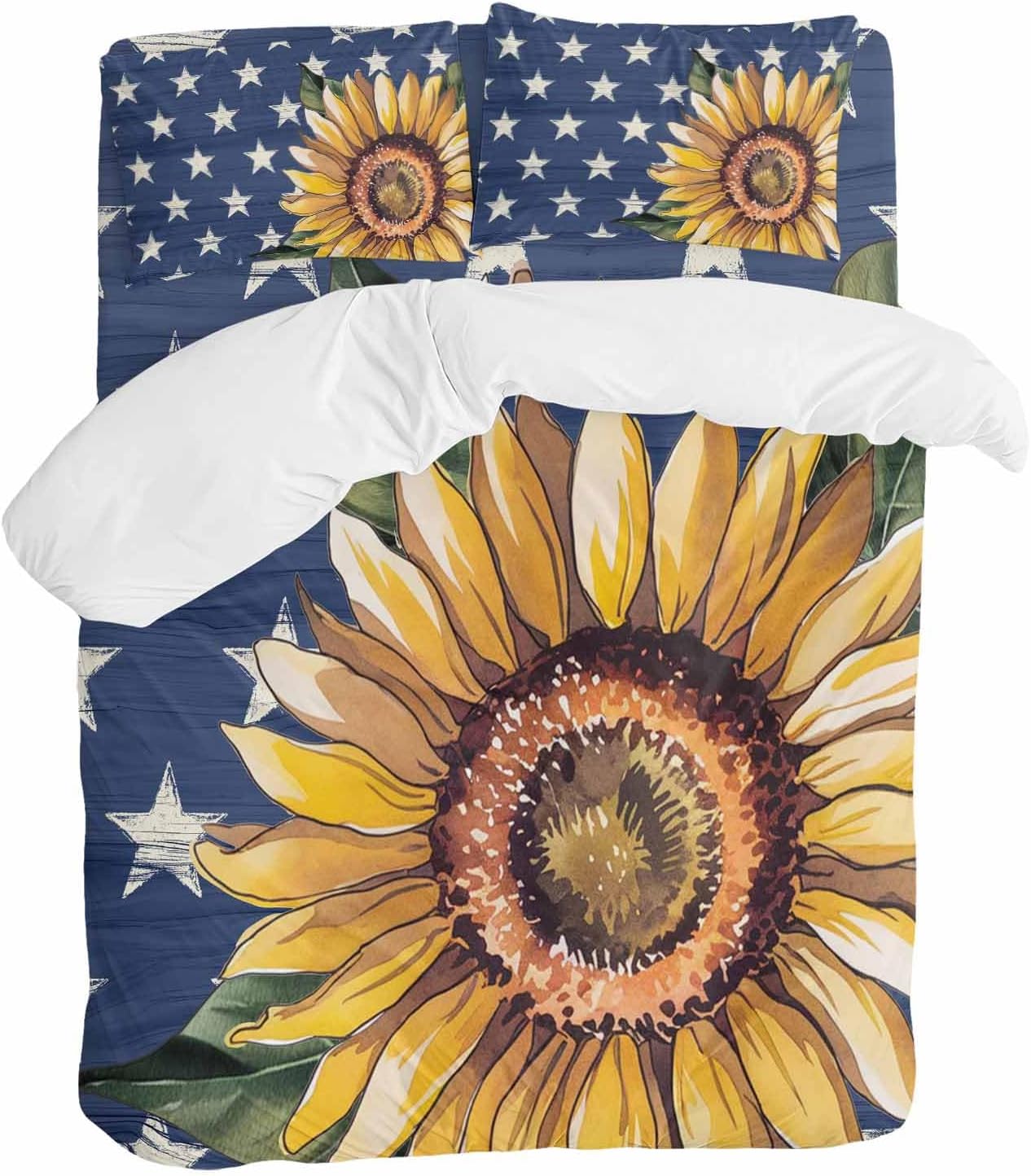 Prime Leader Independence Day Duvet Cover Set Queen Size 4 Pieces Hand Panted Sunflowers Countryside Star Bedding Set with Zipper Closure, 1 Comforter Cover 90x92 Inches 1 Flat Sheet & 2 Pillow Cases