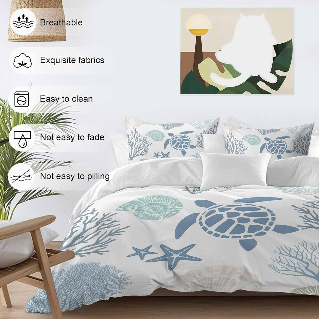 Summer Marine Life Duvet Cover Set Queen Size 4 Pieces Graffiti Sea Turtle Starfish Teal Conch Coral Bedding Set with Zipper Closure, 1 Comforter Cover 86x86 Inches 1 Flat Sheet & 2 Pillow Cases