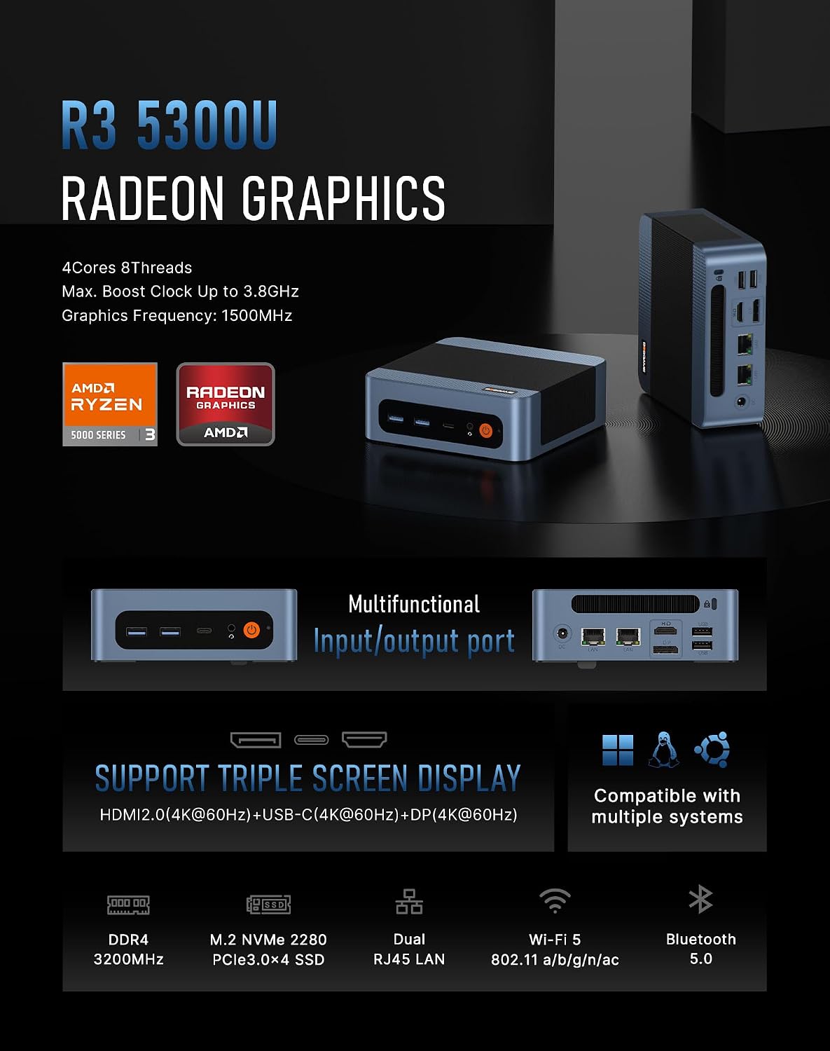 BOSGAME E5 Mini PC Windows 11 Pro, Mini Computers AMD Ryzen 3 5300U, 16GB DDR4 1TB PCIe SSD, 4K Triple Display, Type-C & USB3.2, Dual RJ45, Wi-Fi 5/BT 5.0, Mini Desktop Computer for Home/Office
