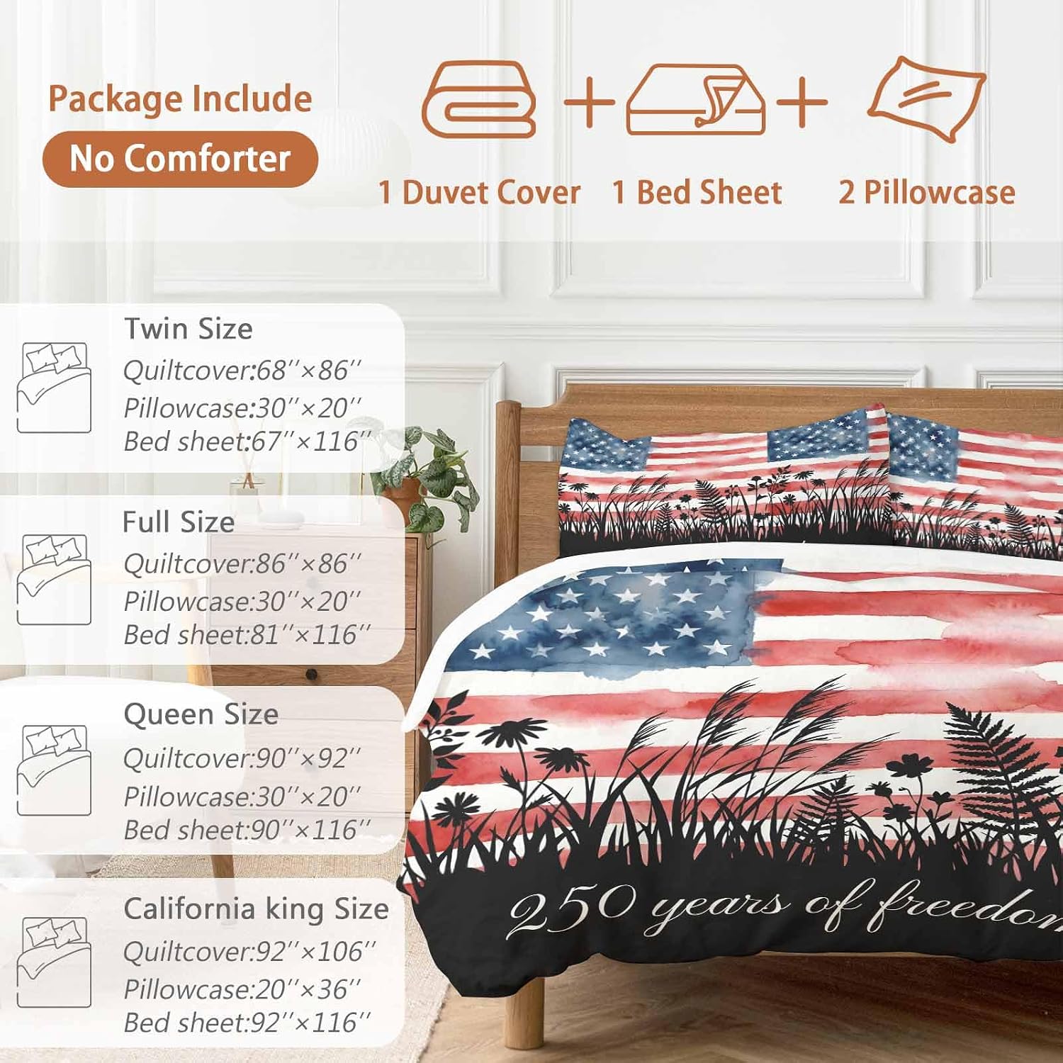 250 Years of Freedom Duvet Cover Set Queen Size 4 Pieces Watercolor America Flag Plant Fower Bedding Set with Zipper Closure, 1 Comforter Cover 92x106 Inches 1 Flat Sheet & 2 Pillow Cases