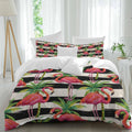Prime Leader Pink Flamingo Duvet Cover Set Queen Size 4 Pieces Palm Leaf White Black Striped Vintage Bedding Set with Zipper Closure, 1 Comforter Cover 90x92 Inches 1 Flat Sheet & 2 Pillow Cases