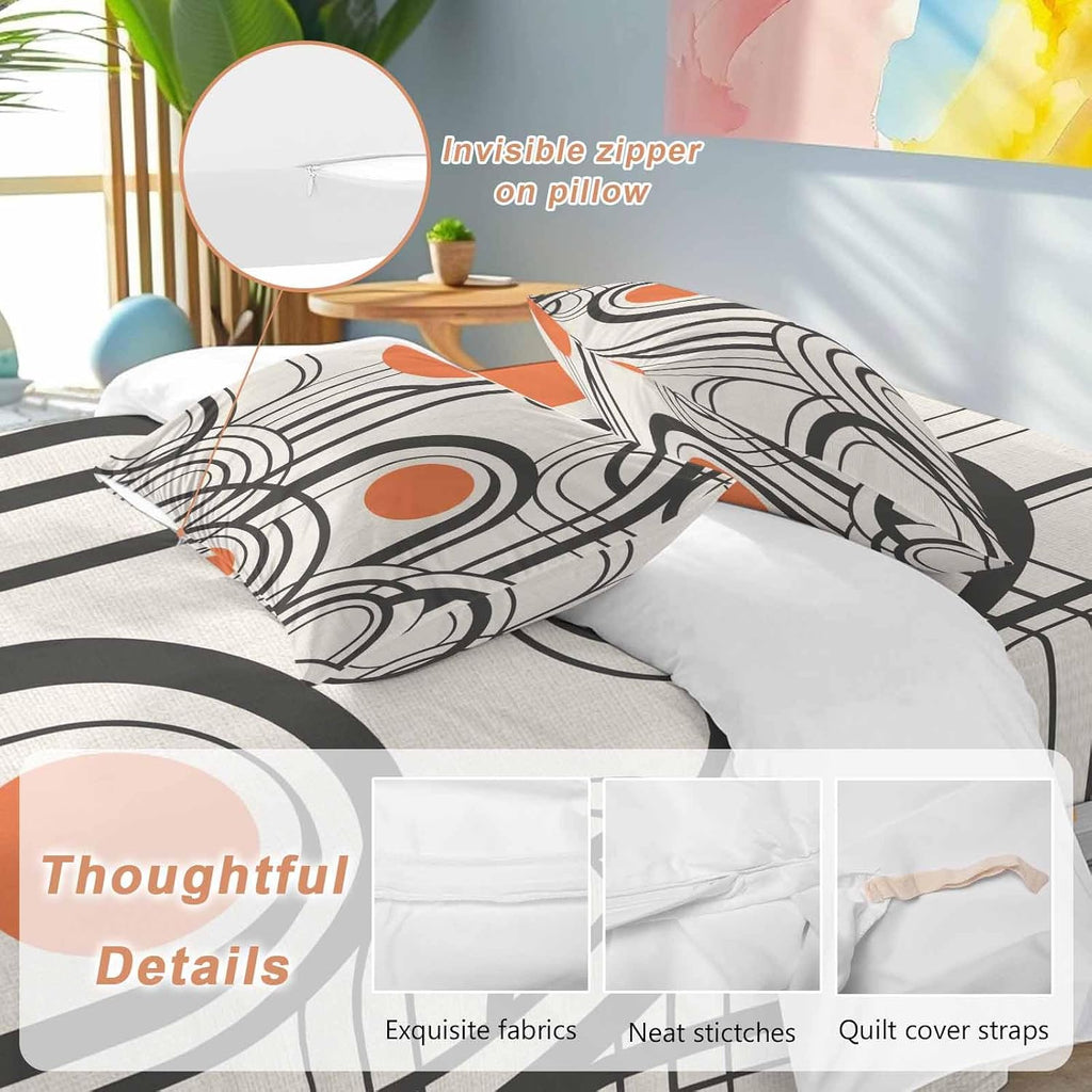 Black Orange Duvet Cover Set Queen Size 4 Pieces Abstract Line Boho Minimalist Mid Century Arch Geometric Bedding Set with Zipper Closure, 1 Comforter Cover 86x86 Inches 1 Flat Sheet & 2 Pillow Cases