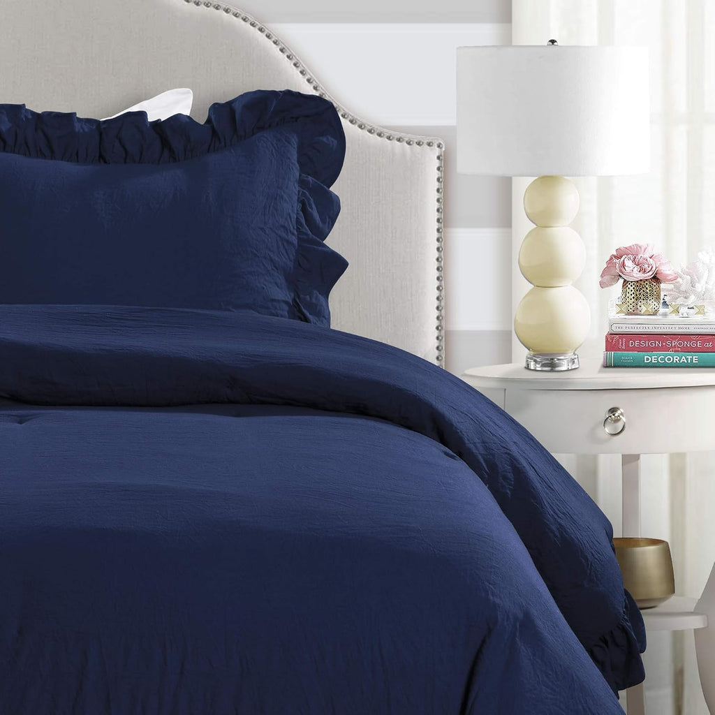 Lush Decor Reyna Ruffle Comforter Set - 2 Piece Cozy Ruffled Bedding Set - Timeless Elegance and Comfort for Dorm Room - Twin XL, Navy