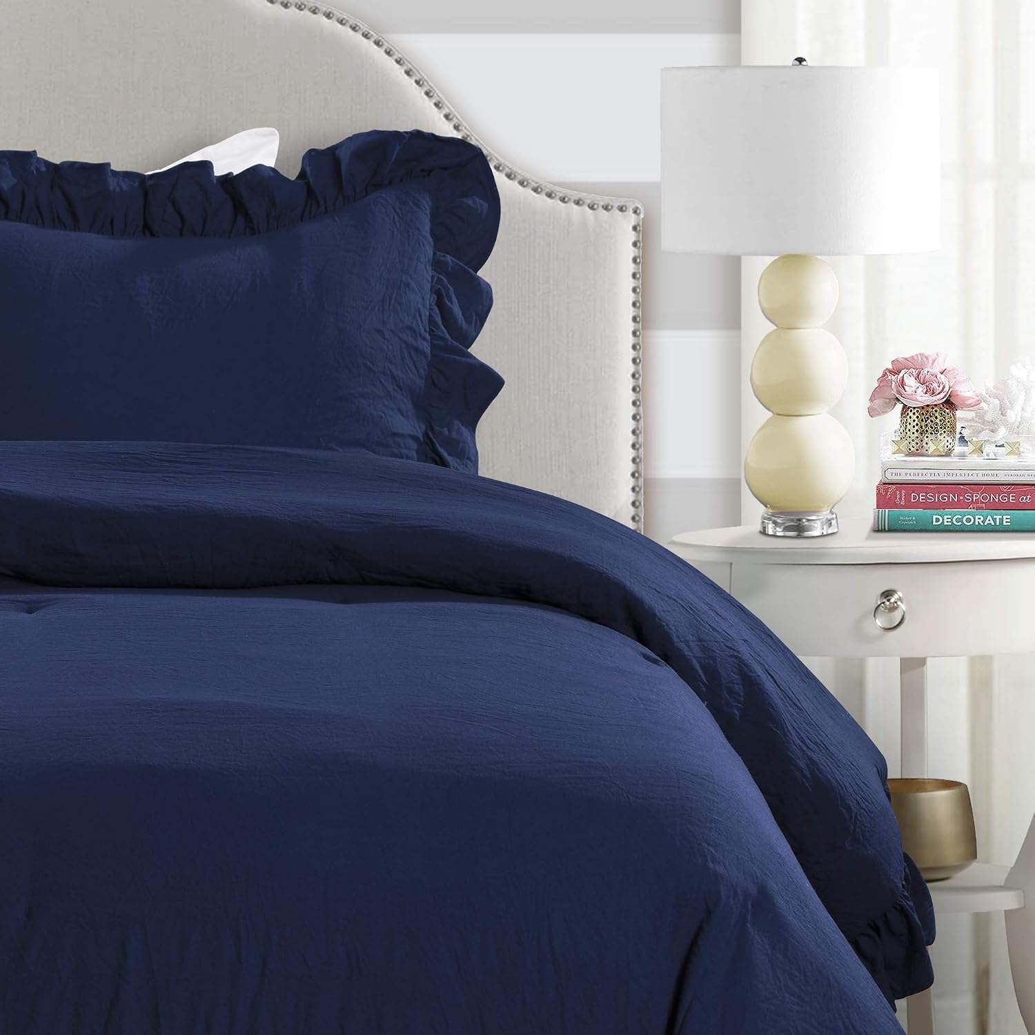 Lush Decor Reyna Ruffle Comforter Set - 2 Piece Cozy Ruffled Bedding Set - Timeless Elegance and Comfort for Dorm Room - Twin XL, Navy
