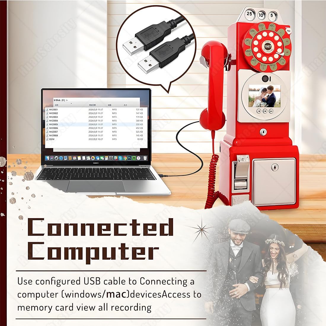 Audio Guest Book Wedding Phone,Record Customized Audio Message with Guest Book Retro Phone Audio Guestbook,Easy to Use and Creative Recording Solution Red