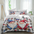 Prime Leader Independence Day Duvet Cover Set Queen Size 4 Pieces Patriotic Gnomes USA Flag Black Plaid Bedding Set with Zipper Closure, 1 Comforter Cover 86x86 Inches 1 Flat Sheet & 2 Pillow Cases