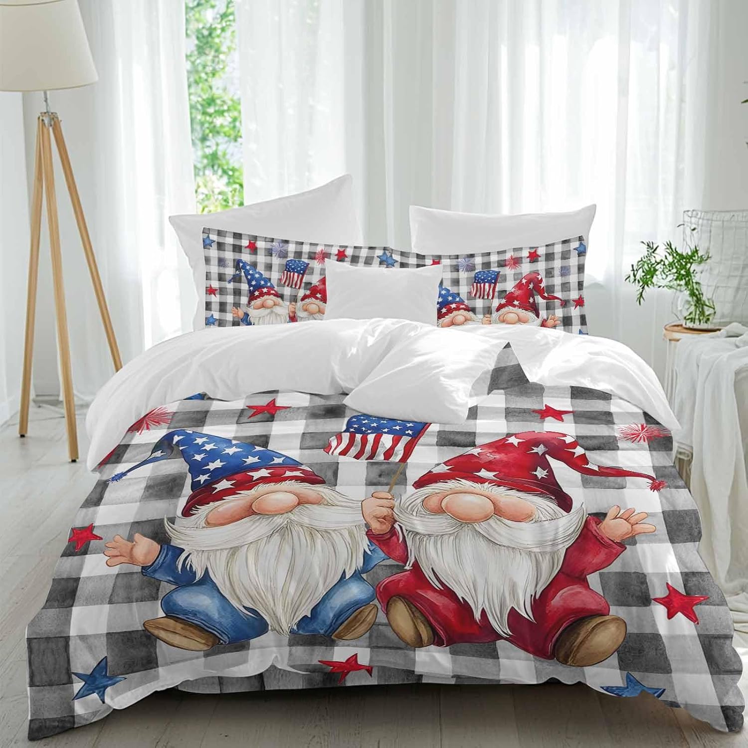 Prime Leader Independence Day Duvet Cover Set Queen Size 4 Pieces Patriotic Gnomes USA Flag Black Plaid Bedding Set with Zipper Closure, 1 Comforter Cover 90x92 Inches 1 Flat Sheet & 2 Pillow Cases