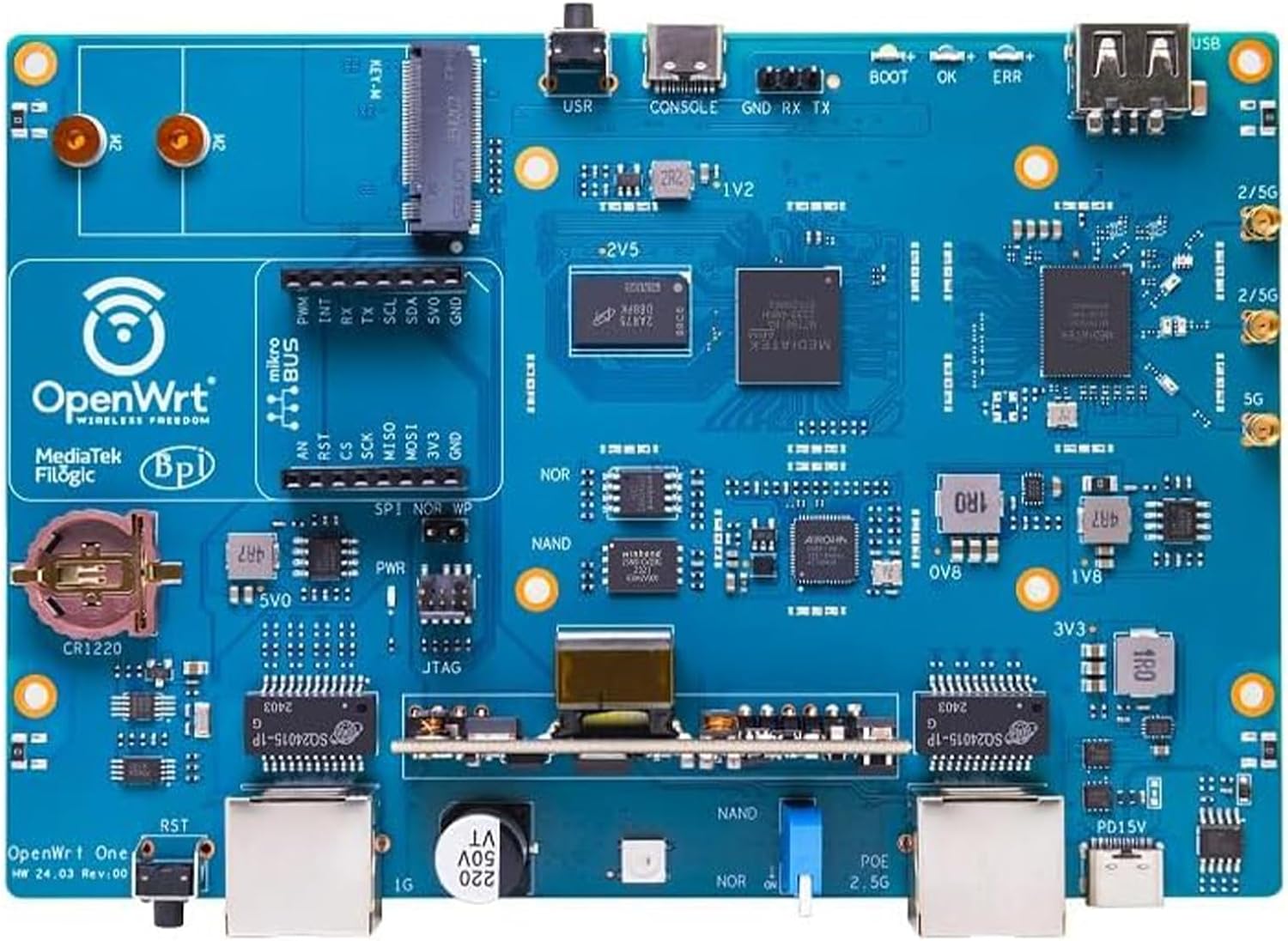 Banana Pi OpenWrt One - Dual Band WiFi 6 Wireless Router - AP-24.XY Router with MediaTek MT7981B SoC 1GB DDR4 RAM, 1x 2.5GbE WAN 1x Gigabit LAN RJ45 Port, Support PoE AP PWM