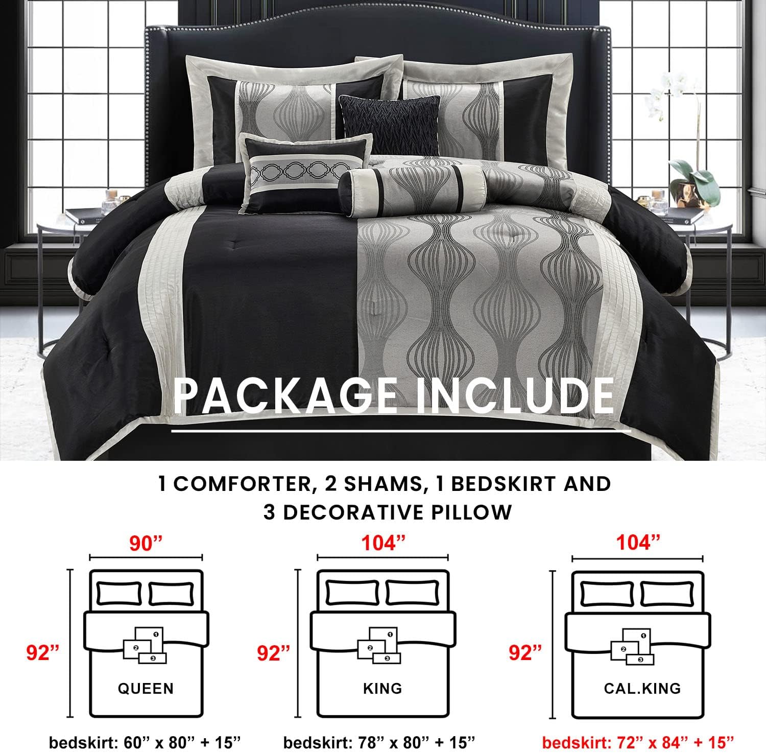 Grand Avenue Elegant Black and Silver Comforter Set California King Size, Striped, 7 Pieces Bedding & Collection, Jacquard All Season Comforter & Pillows, Ultra-Soft Microfiber