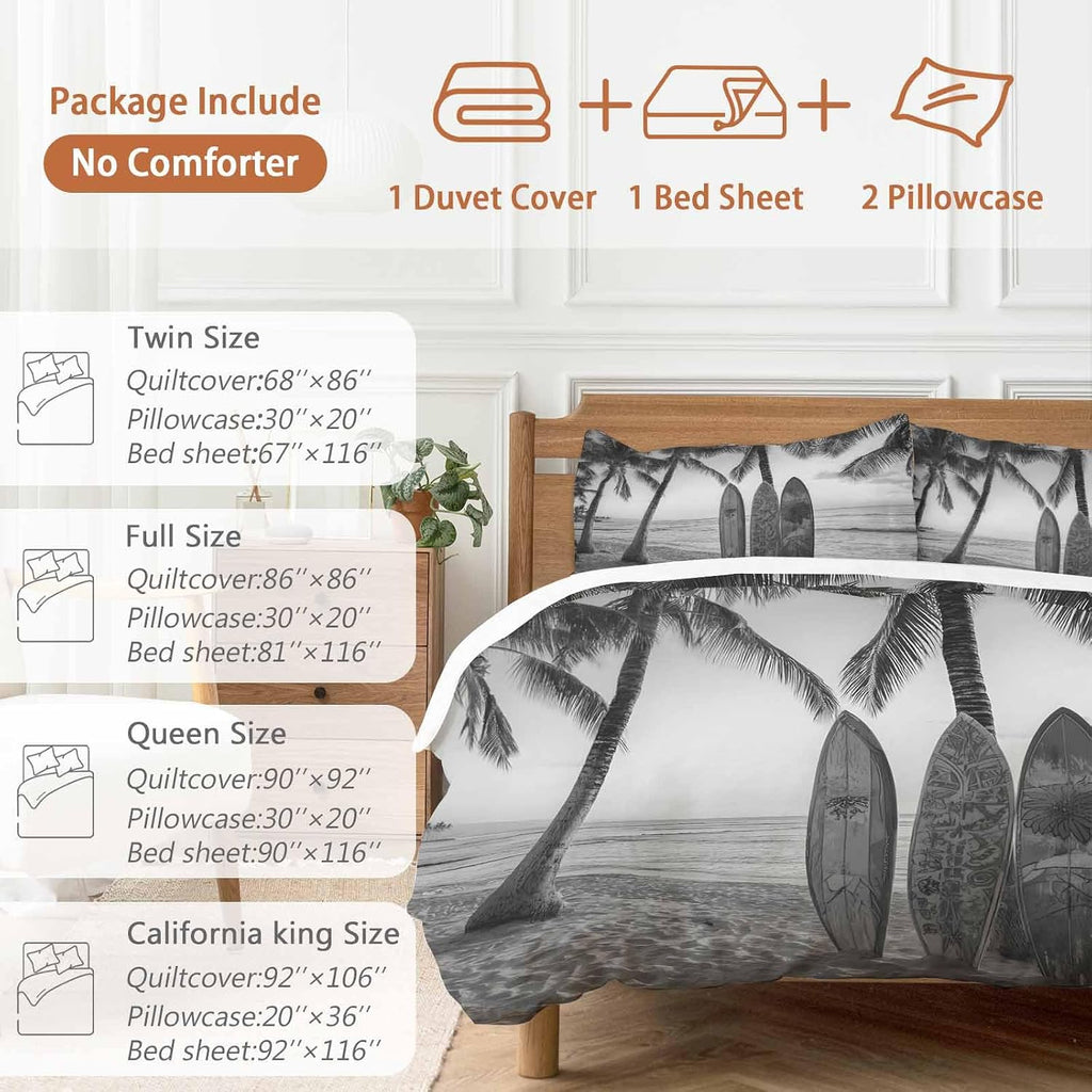 Summer Beach Surf Duvet Cover Set Queen Size 4 Pieces Palm Trees Black And White Surfboard Seaside Bedding Set with Zipper Closure, 1 Comforter Cover 90x92 Inches 1 Flat Sheet & 2 Pillow Cases