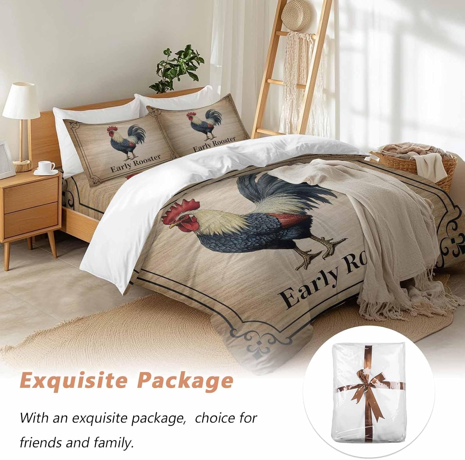 Prime Leader Farmhouse Duvet Cover Set Queen Size 4 Pieces Early Rooster Animals Wood Grain Retro Border Bedding Set with Zipper Closure, 1 Comforter Cover 86x86 Inches 1 Flat Sheet & 2 Pillow Cases