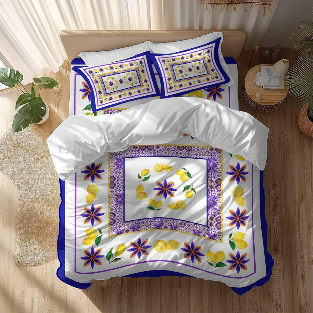 Mediterranean Style Lemon Floral Duvet Cover Set Queen Size 4 Pieces Blue Border Countryside Bedding Set with Zipper Closure, 1 Comforter Cover 92x106 Inches 1 Flat Sheet & 2 Pillow Cases