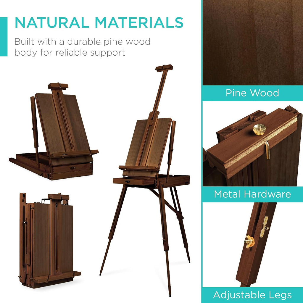 Best Choice Products Art Easel for Painting, Portable Wooden Adjustable Artist Tripod with Sketch Box, 32-Piece Art Set with Acrylic Paints, Brushes, Canvases & Palette - Walnut