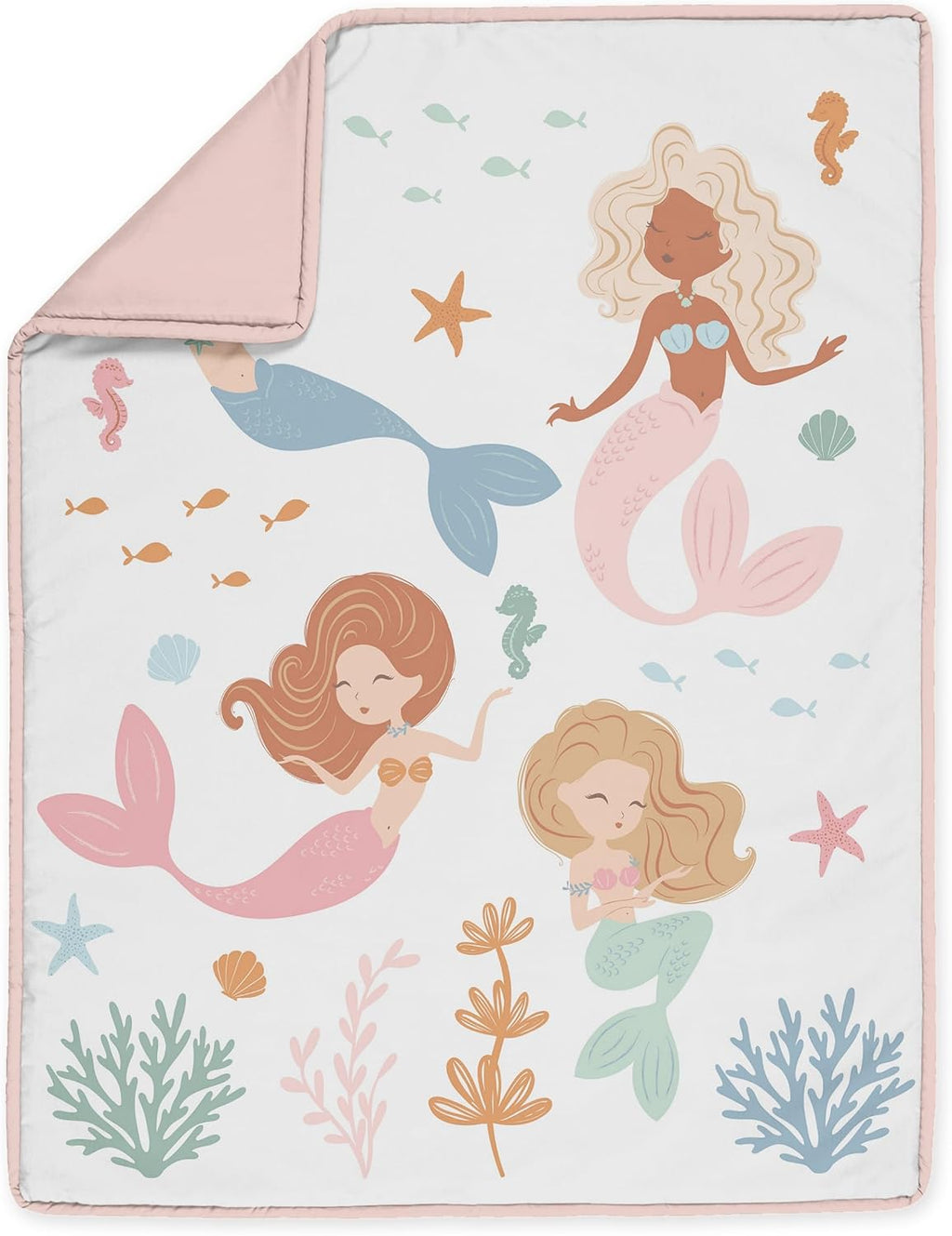 Sweet Jojo Designs Ocean Mermaids Girl Baby Crib Bedding Set Nursery Room Blanket Fitted Sheet Skirt Diaper Stacker 4p Pink Teal Under the Sea Underwater Theme Fairytale Fish Colorful Coral Reef Blue
