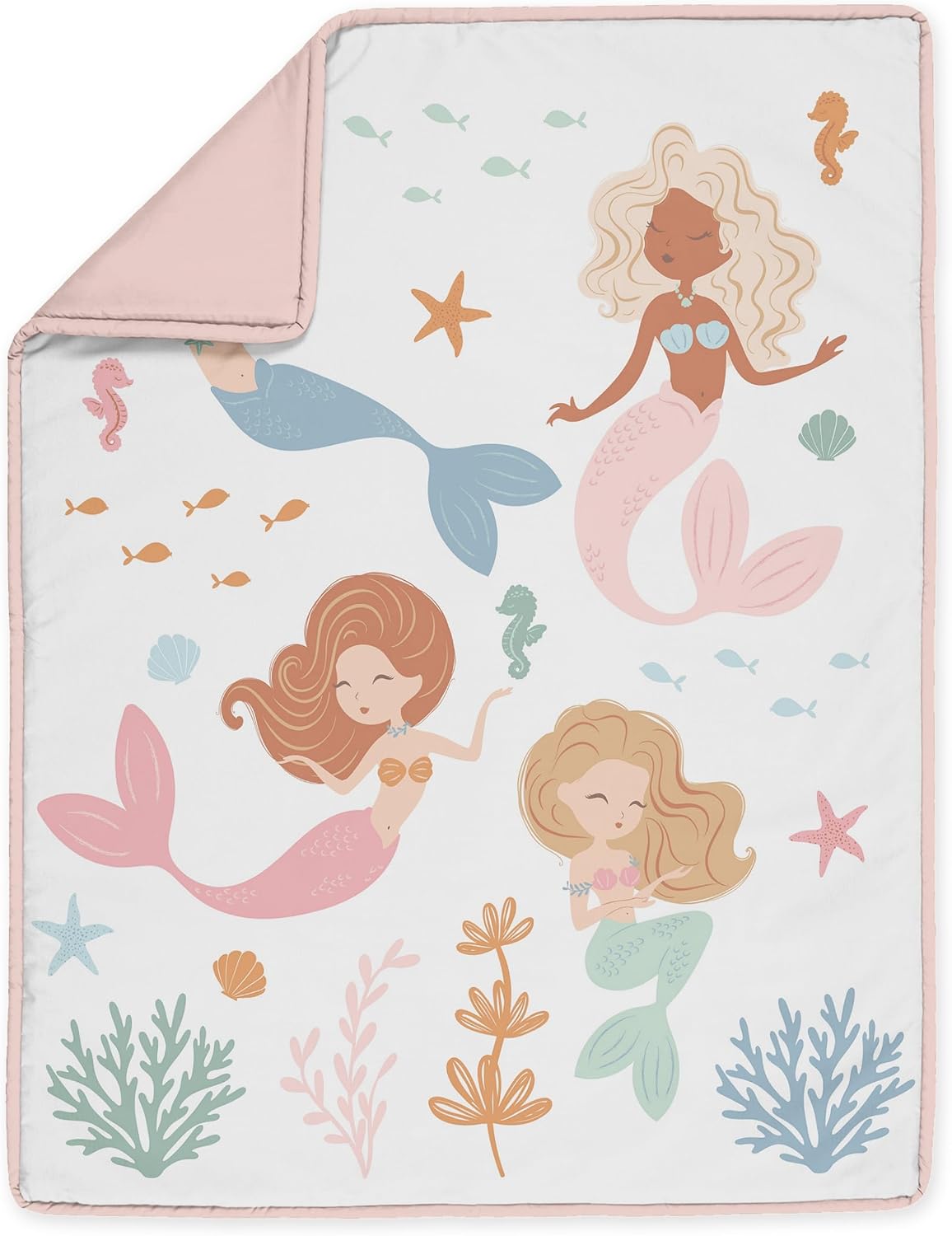 Sweet Jojo Designs Ocean Mermaids Girl Baby Crib Bedding Set Nursery Room Blanket Fitted Sheet Skirt Diaper Stacker 4p Pink Teal Under the Sea Underwater Theme Fairytale Fish Colorful Coral Reef Blue