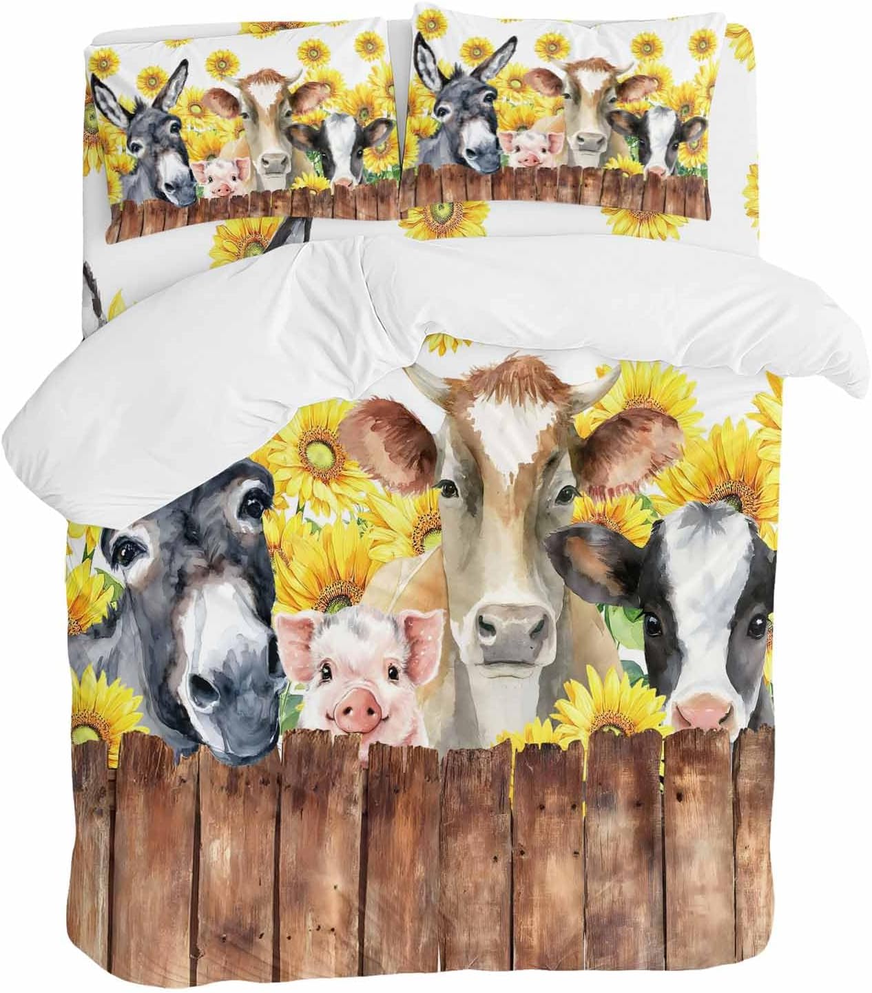 Farm Animal Duvet Cover Set Queen Size 4 Pieces Vintage Farmhouse Donkey Pig Cow Sunflower Leaf Wood Fence Bedding Set with Zipper Closure, 1 Comforter Cover 86x86 Inches 1 Flat Sheet & 2 Pillow Cases
