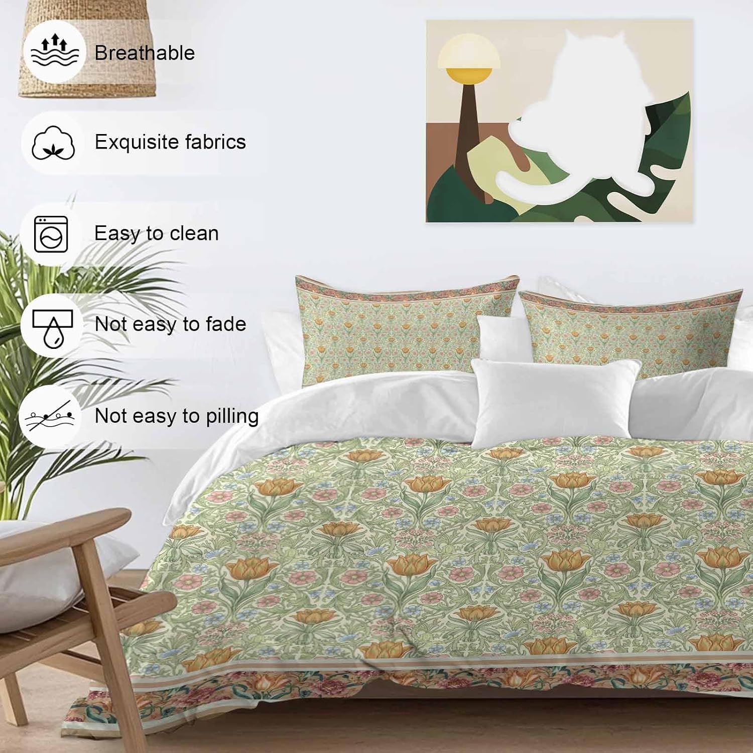 Prime Leader Flowers Duvet Cover Set Queen Size 4 Pieces Ethnic Abstract Yellow Pink Floral Green Leaf Bedding Set with Zipper Closure, 1 Comforter Cover 90x92 Inches 1 Flat Sheet & 2 Pillow Cases