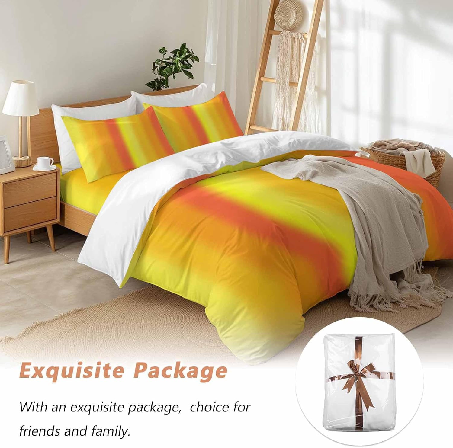 Yellow Orange Red Ombre Duvet Cover Set Queen Size 4 Pieces Minimalist Abstract Stripes Texture Bedding Set with Zipper Closure, 1 Comforter Cover 92x106 Inches 1 Flat Sheet & 2 Pillow Cases