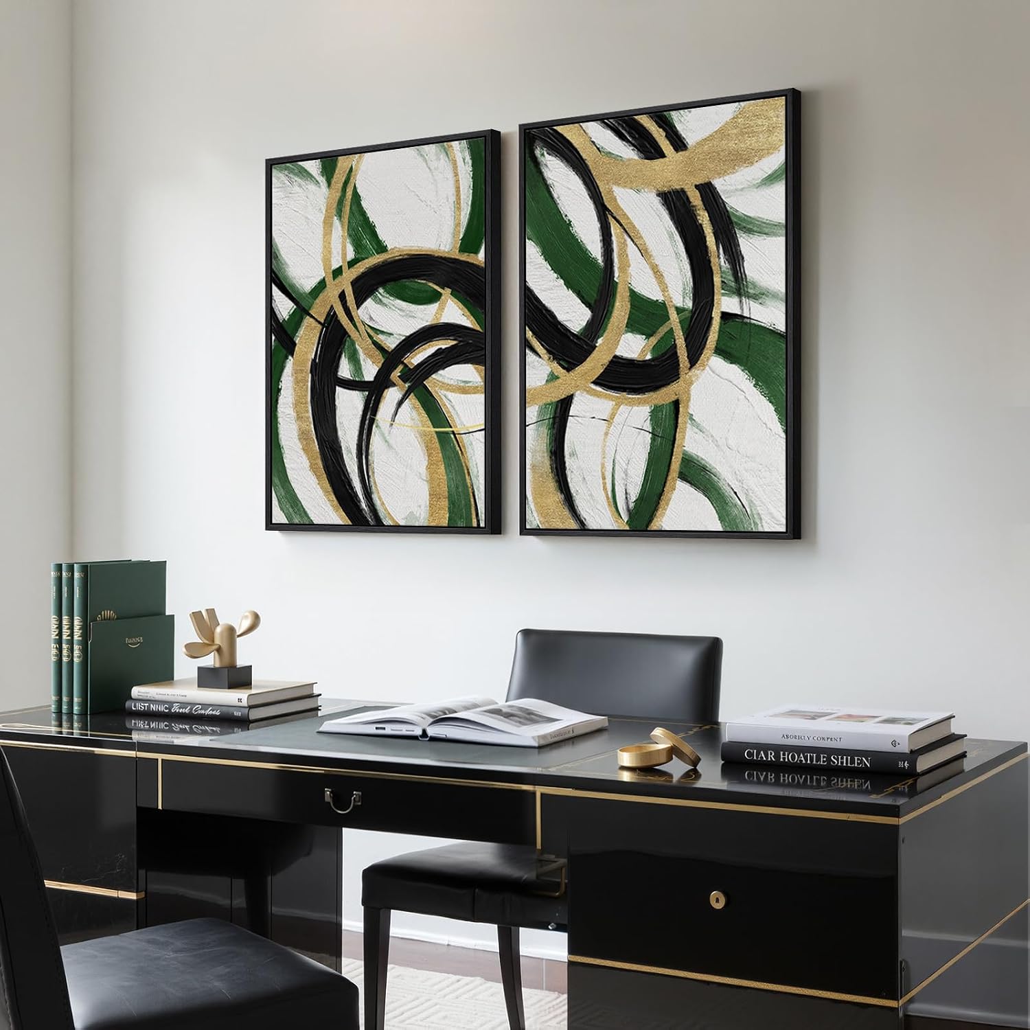 Framed Green Abstract Wall Art Set of 2 for Living Room, Large Green Gold and Black Canvas Artwork for Walls, Modern Luxury Painting Print for Bedroom Dining Room Office Hallway Wall Decor, 24x36 Inch