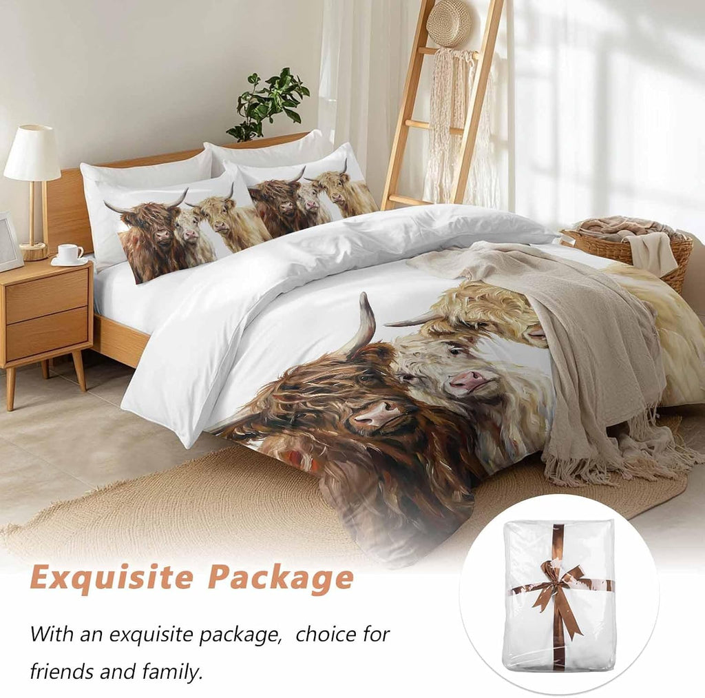 Prime Leader Farm Highland Cattles Duvet Cover Set Queen Size 4 Pieces Farmhouse Brown Cow Rustic Country Bedding Set with Zipper Closure, 1 Comforter Cover 90x92 Inches 1 Flat Sheet & 2 Pillow Cases
