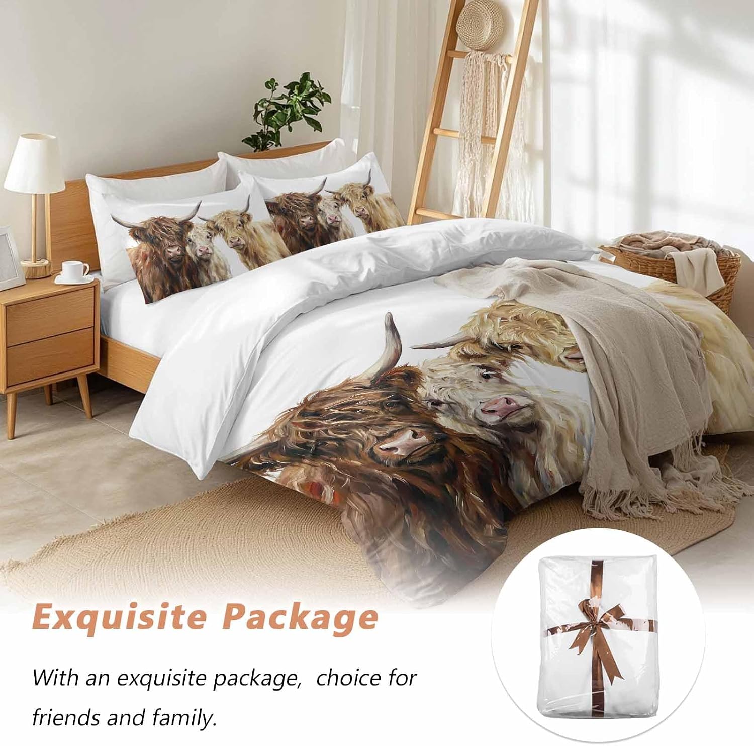 Prime Leader Farm Highland Cattles Duvet Cover Set Queen Size 4 Pieces Farmhouse Brown Cow Rustic Country Bedding Set with Zipper Closure, 1 Comforter Cover 86x86 Inches 1 Flat Sheet & 2 Pillow Cases